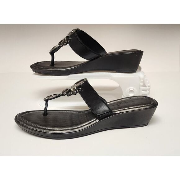 Montego Bay Club T Strap Black Heel Wedge Sandals Shoes Size US 7 - Picture 1 of 10